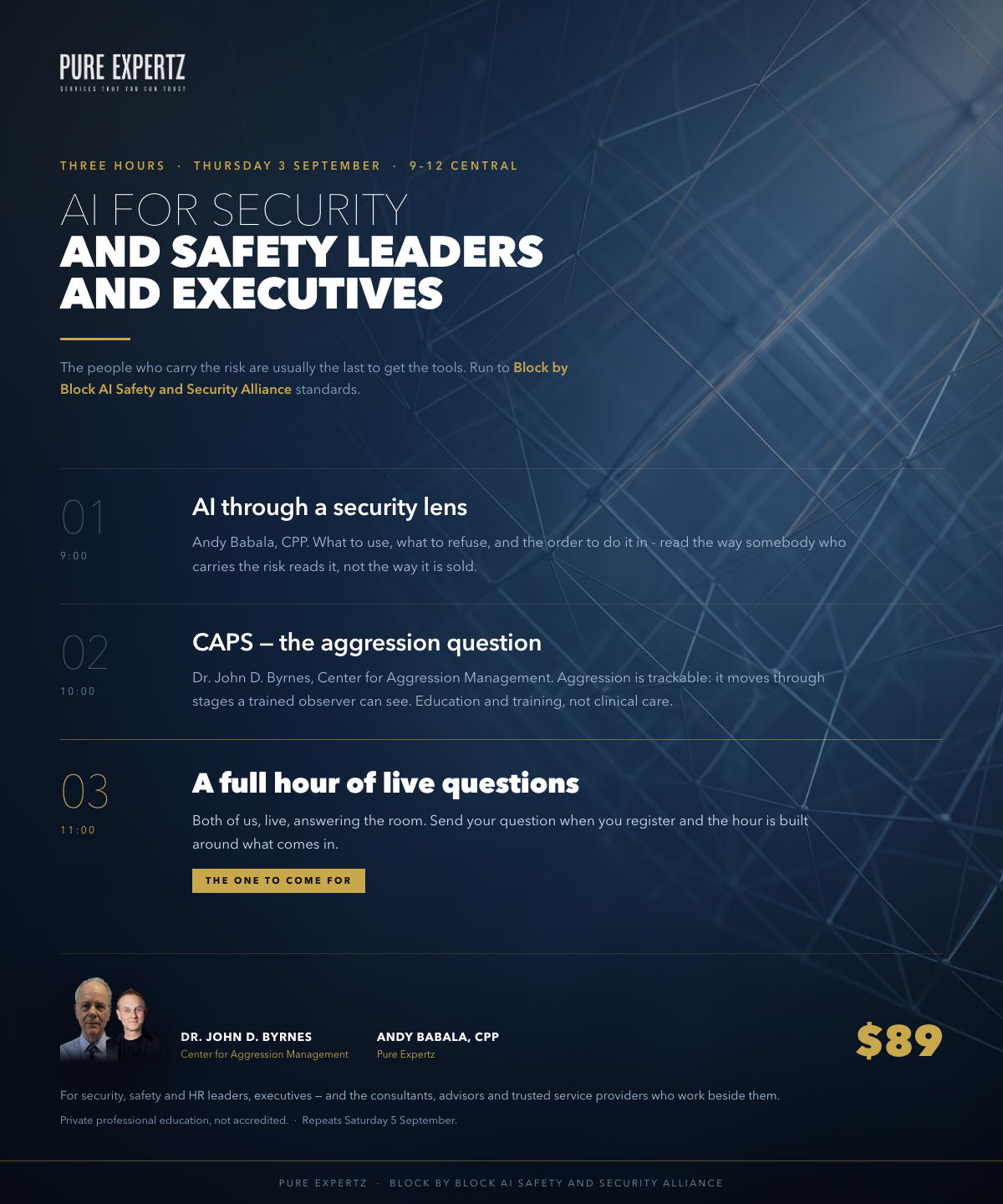 AI for Security and Safety Leaders and Executives — a live three-hour session with Andy Babala, CPP and Dr. John D. Byrnes. Thursday 3 September, 9–12 Central, $89.
