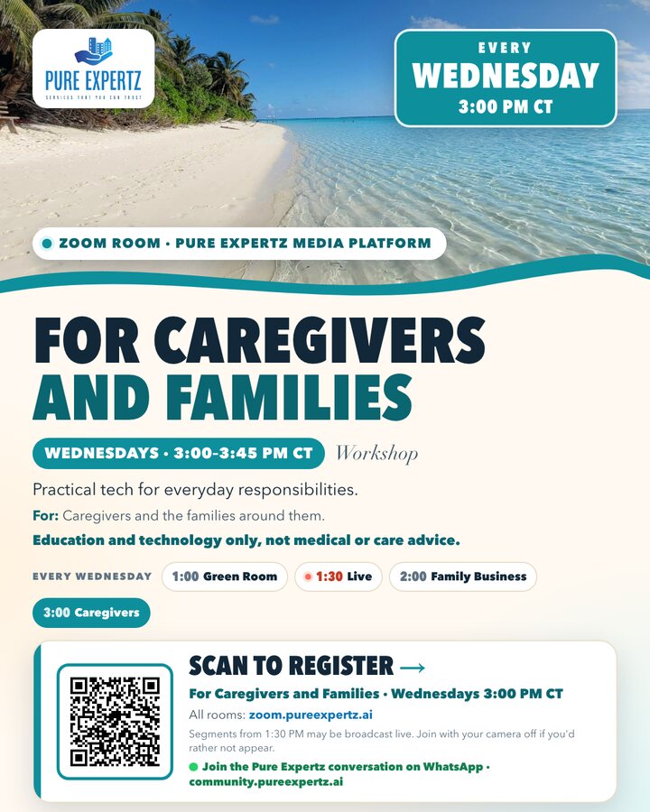 For Caregivers and Families, Wednesdays at 3:00 PM Central on Zoom. QR to the Zoom sign-up.