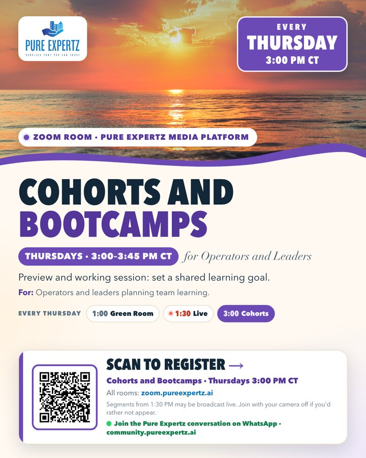 Cohorts and Bootcamps, Thursdays at 3:00 PM Central on Zoom. QR to the Zoom sign-up.