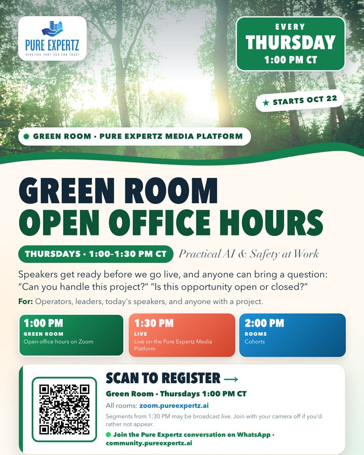 Green Room, Open Office Hours, every Thursday at 1:00 PM Central. QR to the Zoom sign-up.