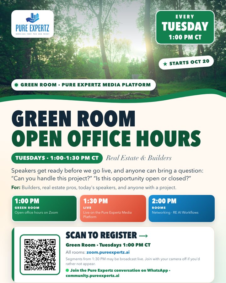 Green Room, Open Office Hours, every Tuesday at 1:00 PM Central. QR to the Zoom sign-up.