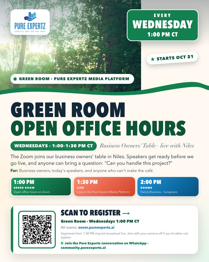 Green Room, Open Office Hours, every Wednesday at 1:00 PM Central. QR to the Zoom sign-up.