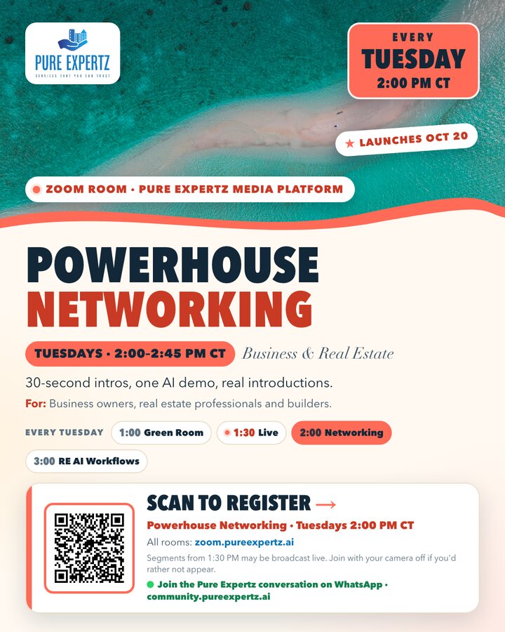 Powerhouse Networking, Tuesdays at 2:00 PM Central on Zoom. QR to the Zoom sign-up.
