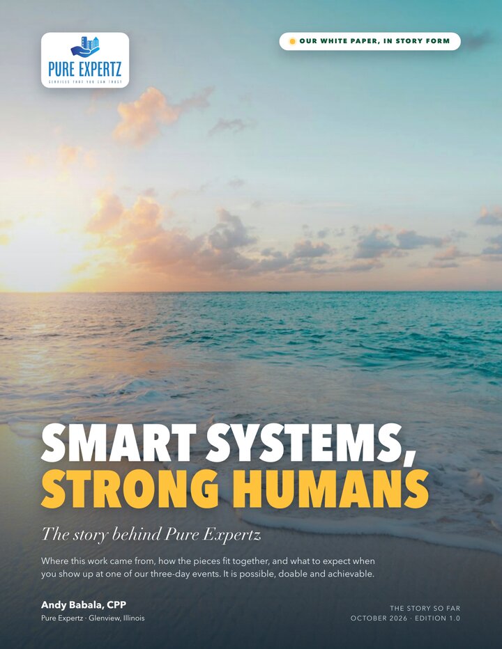 Cover: Smart Systems, Strong Humans. The story behind Pure Expertz. Andy Babala, CPP. Edition 1.0, October 2026.