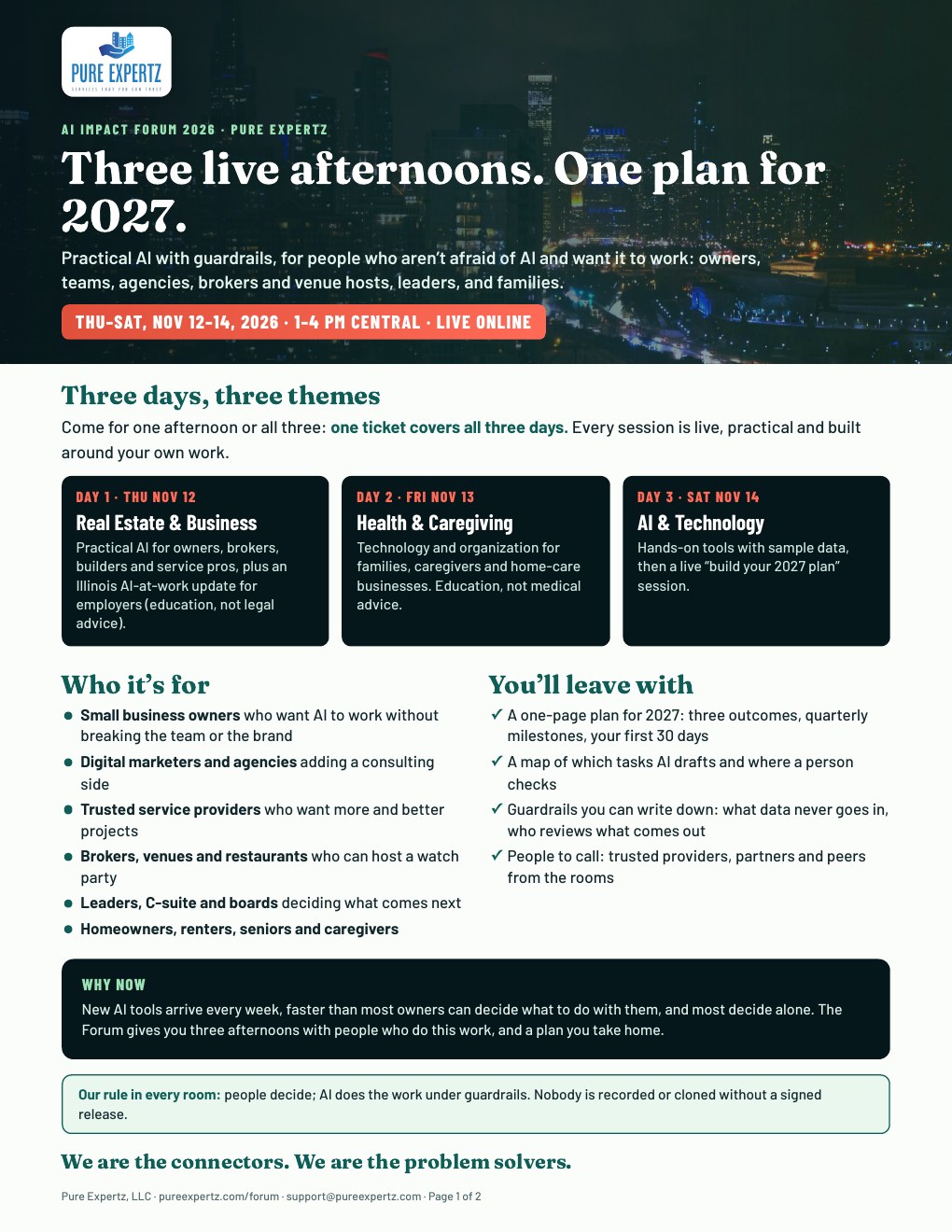 Page 1 of the AI Impact Forum brochure: Three live afternoons. One plan for 2027. Thursday to Saturday, Nov 12 to 14, 2026, 1 to 4 PM Central, live online.
